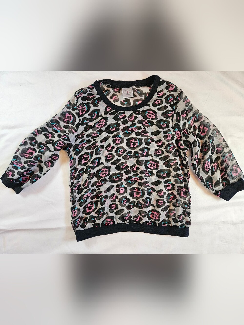 Pony Tails Girls Gray Blue & Pink Leopard Print Sheer 3/4 Sleeve Top Size Medium